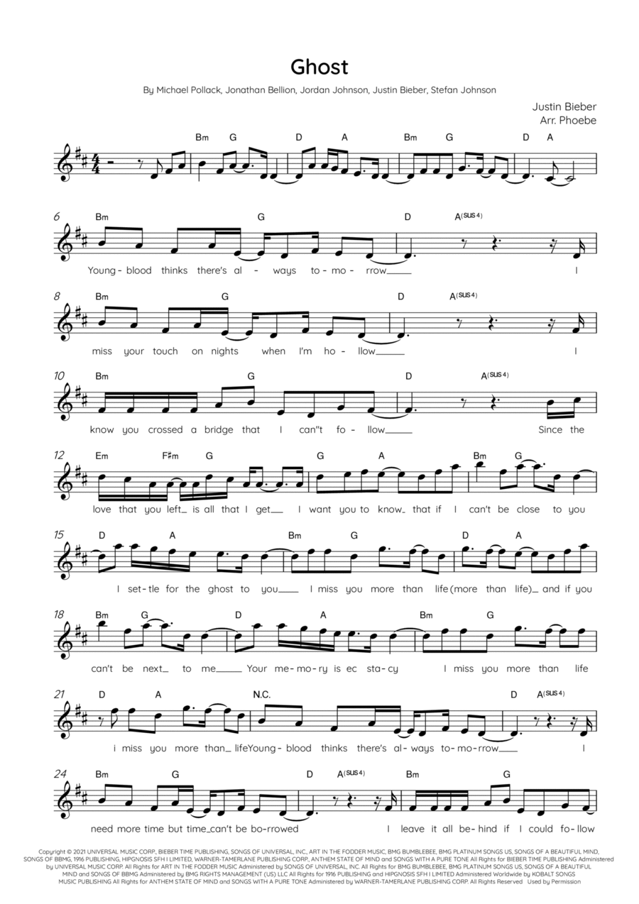 Ghost by Justin Bieber - Piano, Vocal, Guitar - Digital Sheet Music