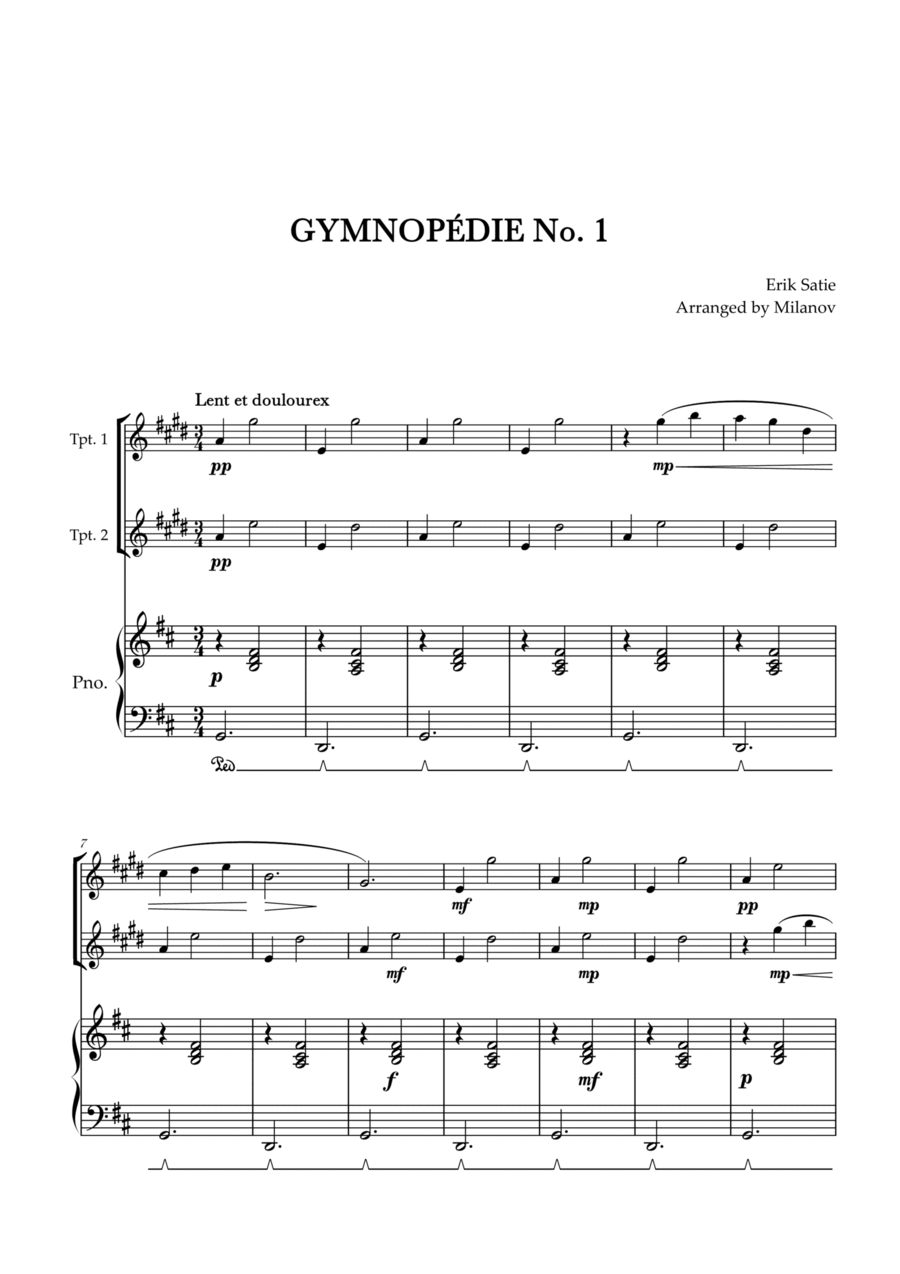 Gymnopédie no 1 | Trumpet in Bb Duet | Original Key| Piano accompaniment |Easy intermediate Trumpet Duet scores gallery preview page 1