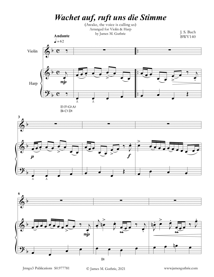 BACH: Wachet Auf BWV 140 for Violin & Harp String Duet scores gallery preview page 1