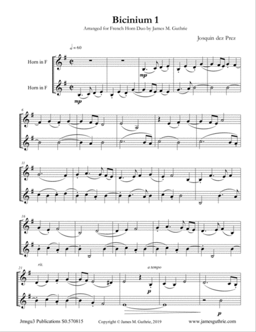 Josquin: Bicinium 1 for French Horn Duo Brass Duet scores gallery preview page 1