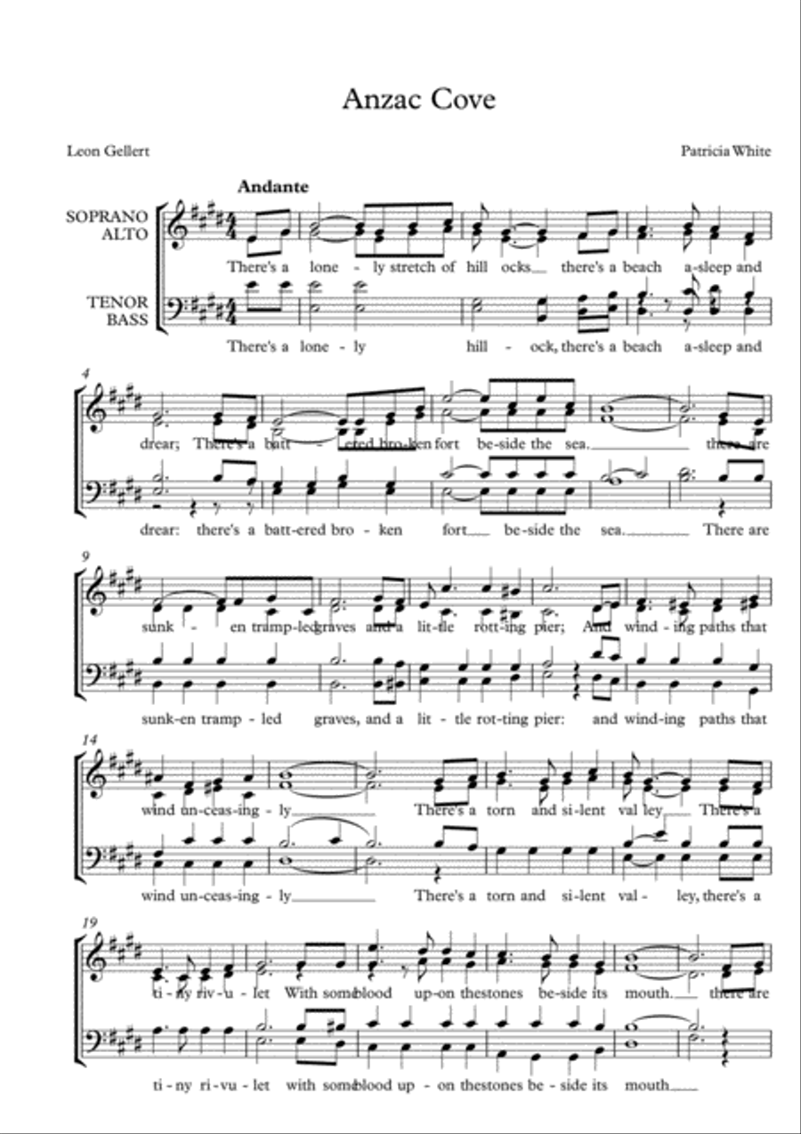 Anzac Cove, suitable for Gallipoli /Anzac Day events For a cappella choir SATB 4-Part scores gallery preview page 1