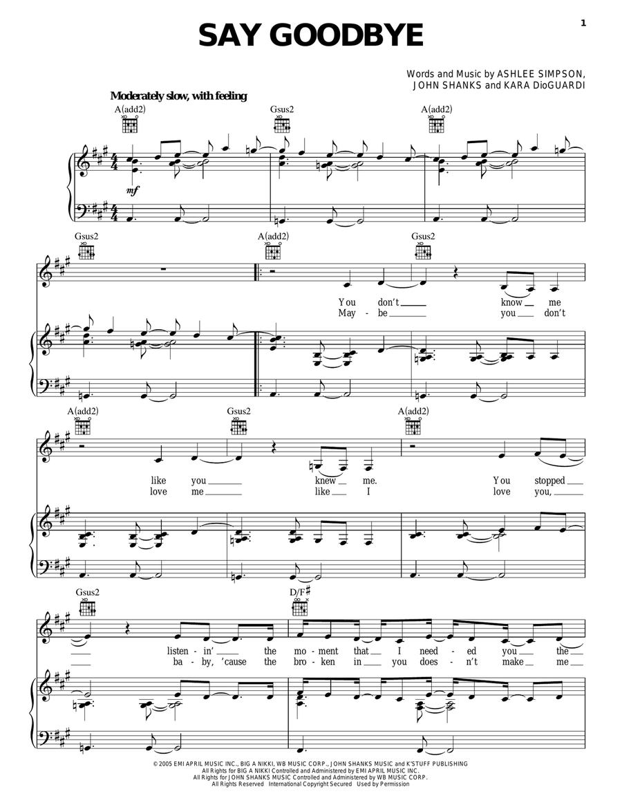 Say Goodbye Piano, Vocal, Guitar scores gallery preview page 1