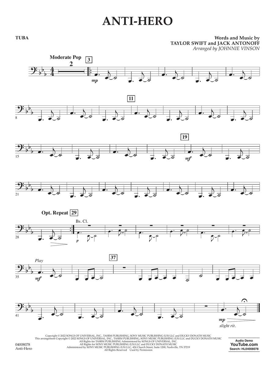 Anti-Hero (arr. Johnnie Vinson) - Tuba Concert Band scores gallery preview page 1