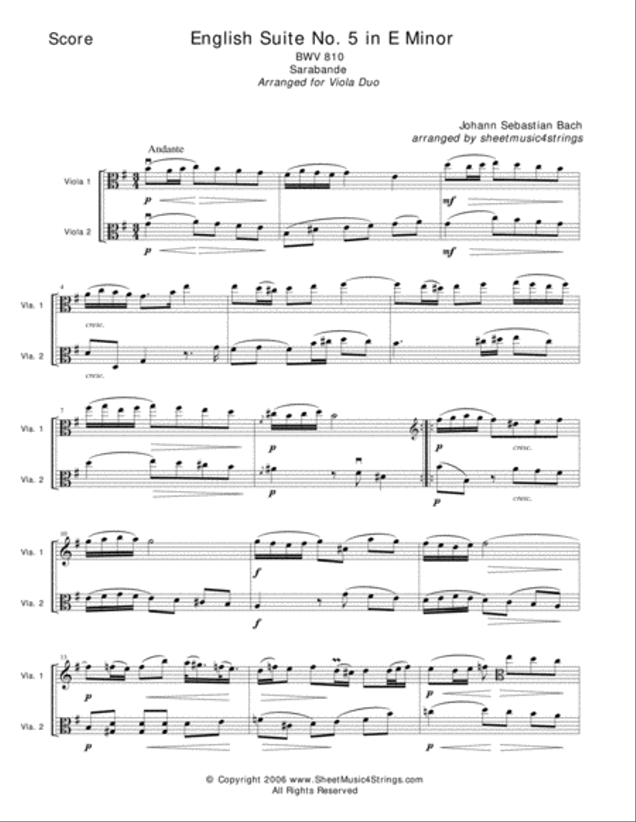 Bach, J.S. - Sarabande for Two Violas Viola Solo scores gallery preview page 1