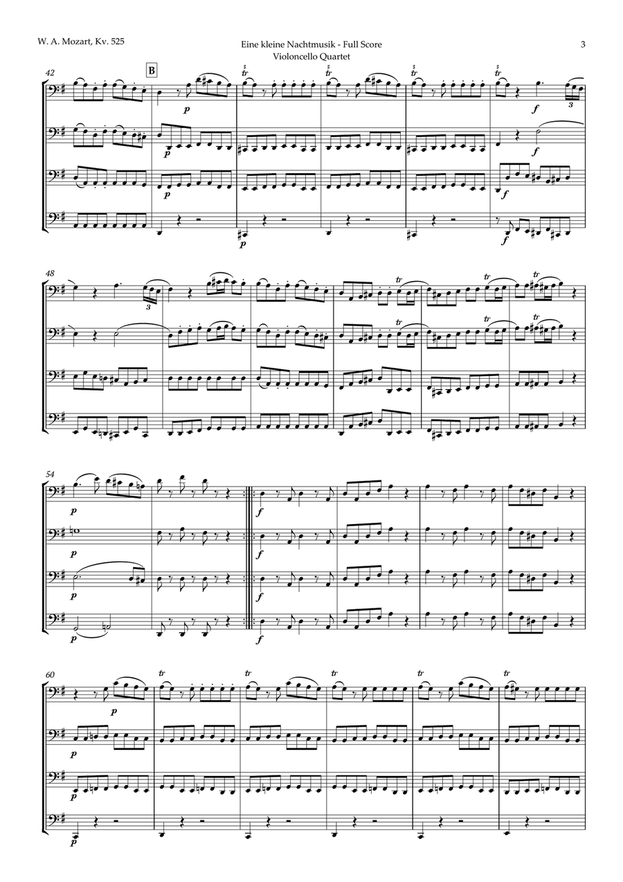 Eine kleine Nachtmusik by Mozart for Cello Quartet String Quartet scores gallery preview page 3