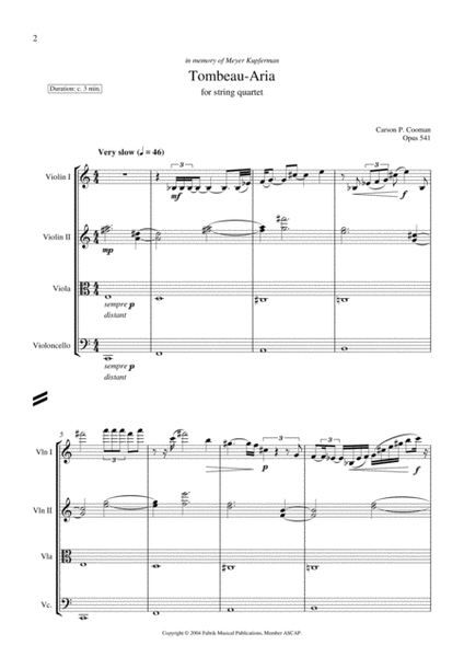 Carson Cooman: Tombeau-Aria (2003) for string quartet image number null