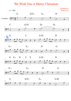 We Wish You A Merry Christmas, score and contrabass melody for the beginning musician (easy).
