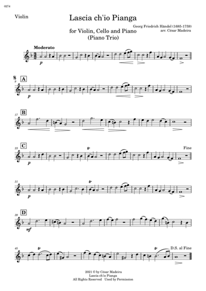 Lascia Ch'io Pianga - Piano Trio (Full Score and Parts) image number null