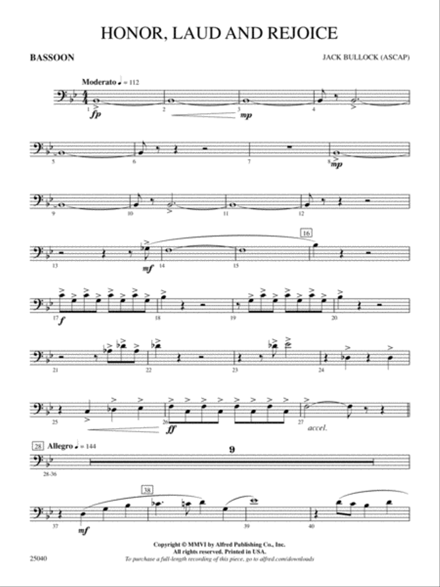 Honor, Laud and Rejoice: Bassoon Full Orchestra scores gallery preview page 1