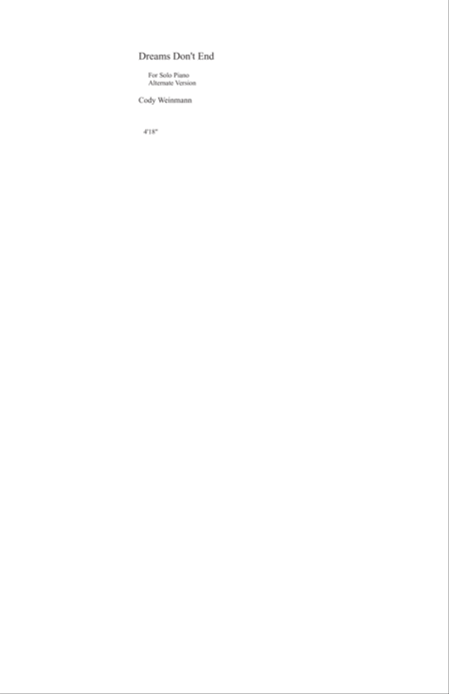 Dreams Don't End (Alternate Version) Piano Solo scores gallery preview page 1