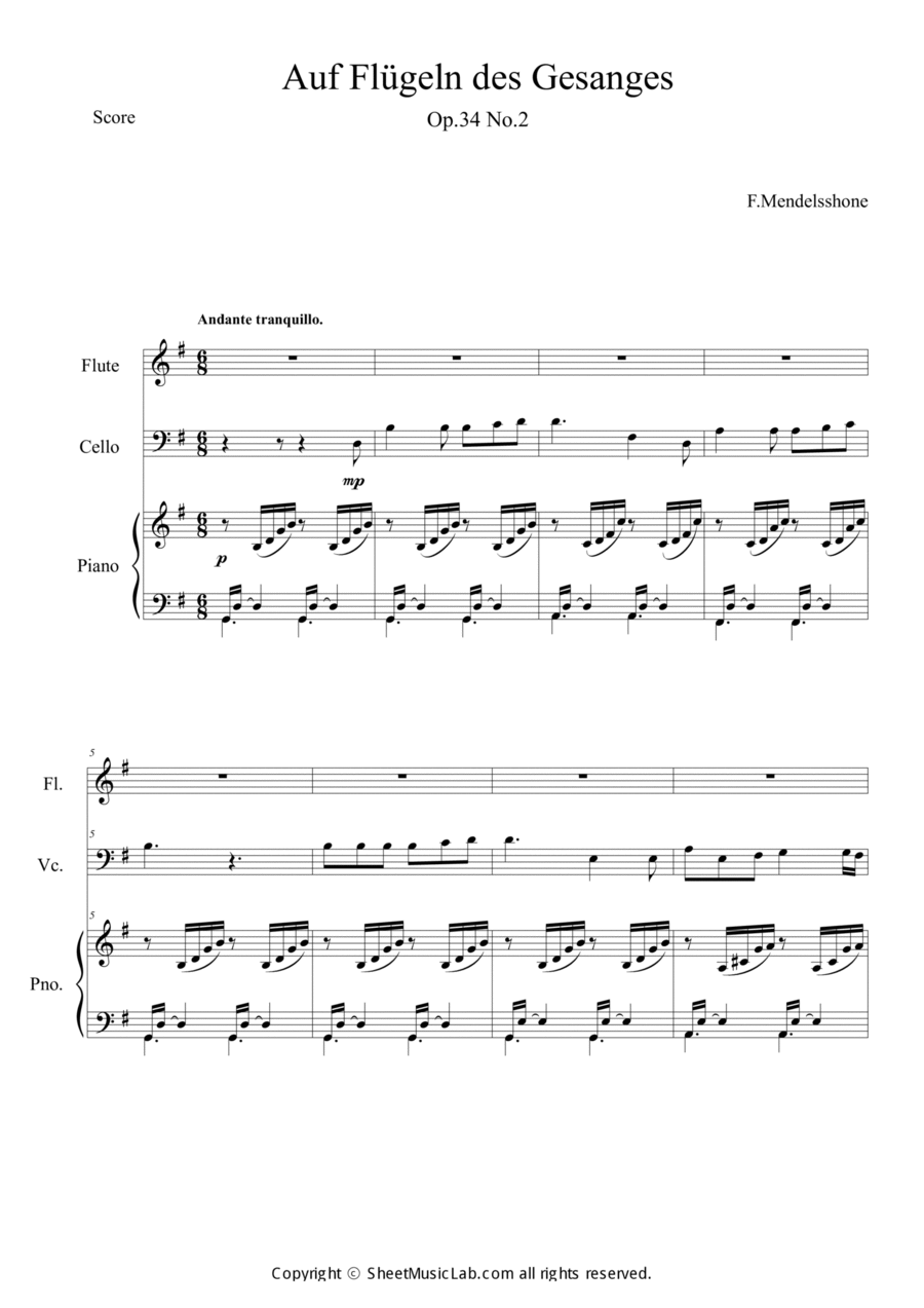 Auf Flugeln des Gesanges Easy Version in G Cello scores gallery preview page 1