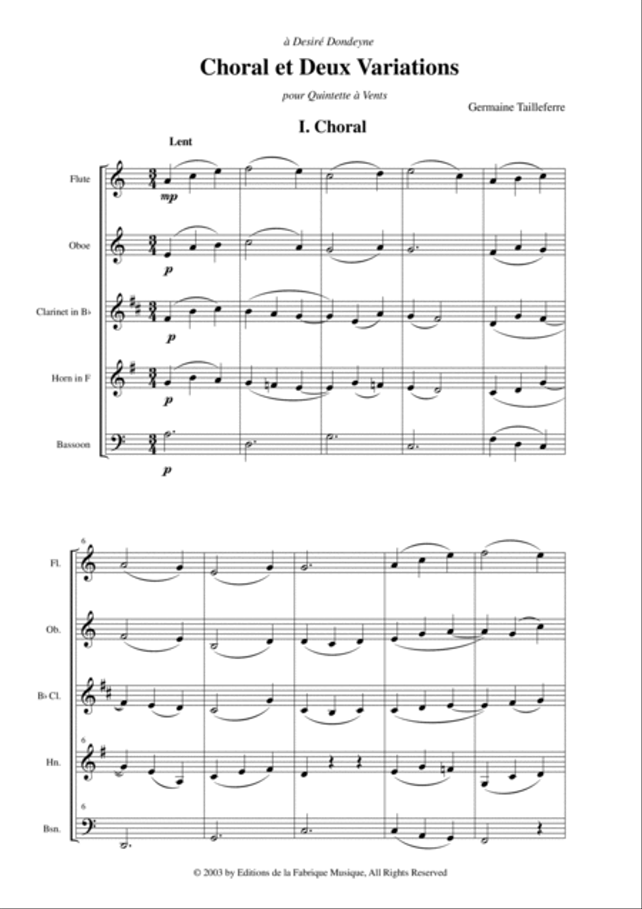 Germaine Tailleferre: Choral et Deux Variations for wind quintet Small Ensemble scores gallery preview page 2