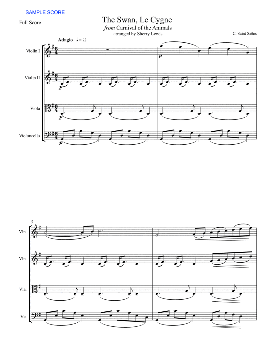 THE SWAN, LE CYGNE from 'Carnival of the Animals' for STRING QUARTET String Quartet scores gallery preview page 1