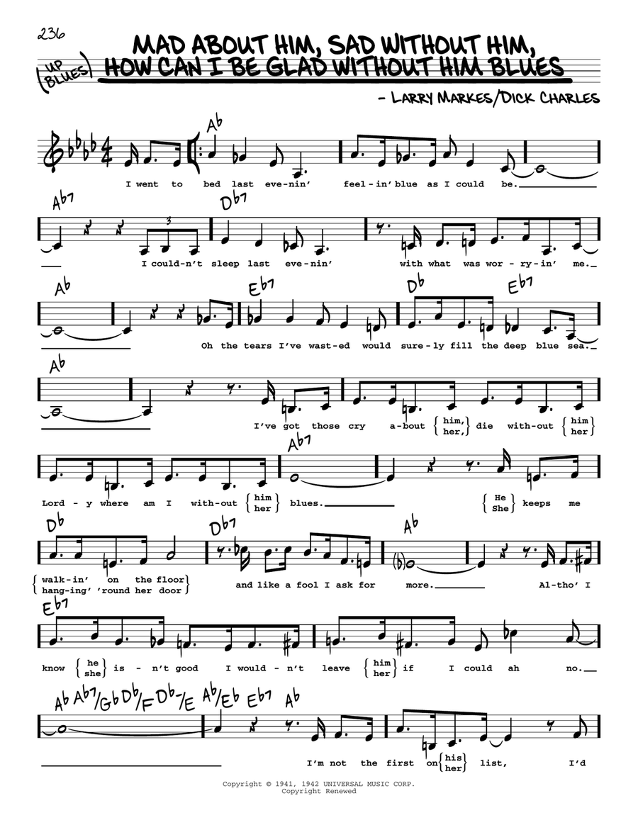 Mad About Him, Sad Without Him, How Can I Be Glad Without Him Blues (Low Voice) Low Voice scores gallery preview page 1