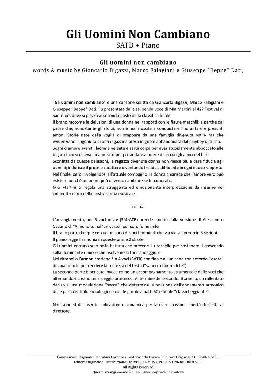 Gli Uomini non Cambiano (SSATB + Piano) SSATB scores gallery preview page 1