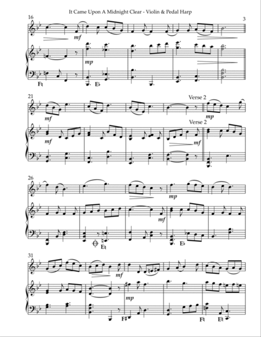 It Came Upon A Midnight Clear, Duet for Violin & Pedal Harp String Duet scores gallery preview page 3