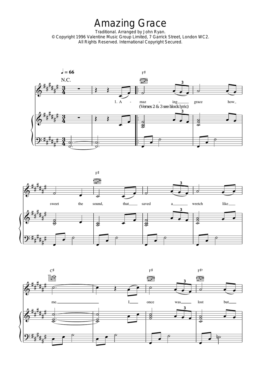 Amazing Grace Piano, Vocal, Guitar scores gallery preview page 1