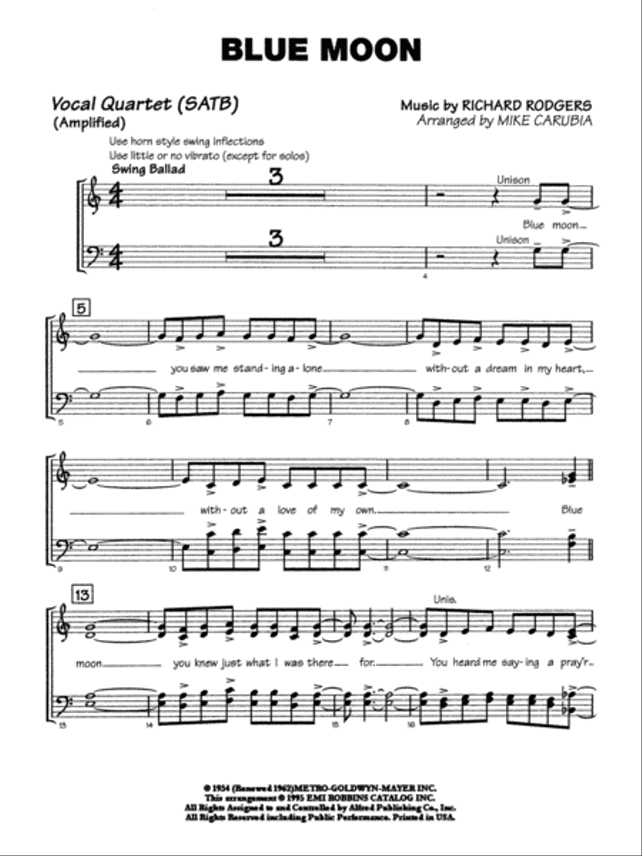 Blue Moon: SATB Vocals Blue Moon: SATB Vocals 4-Part scores gallery preview page 1