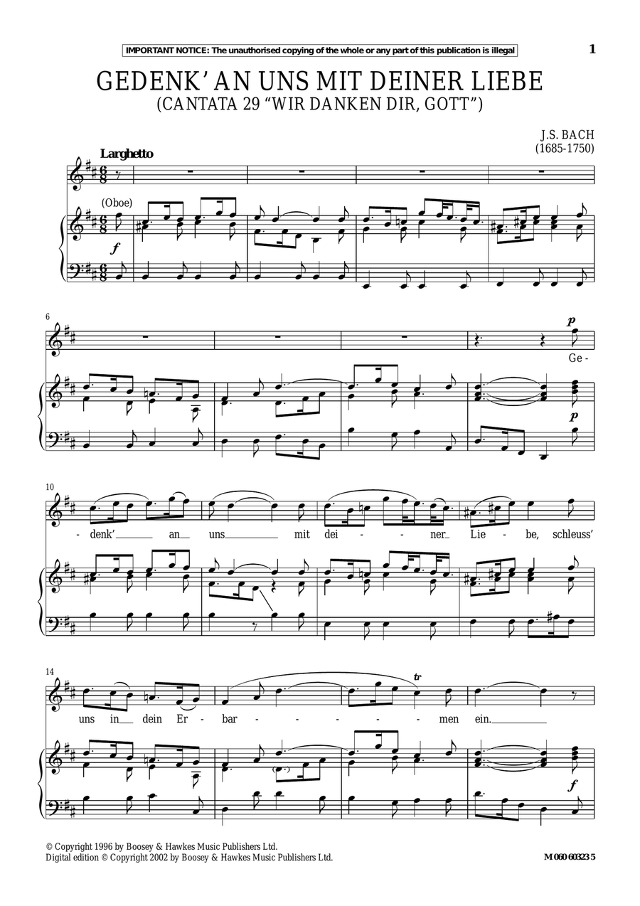 Gedenk An Uns Mit Deiner Liebe (Cantata 29 Wir Danken Dir, Gott ) Piano, Vocal scores gallery preview page 1