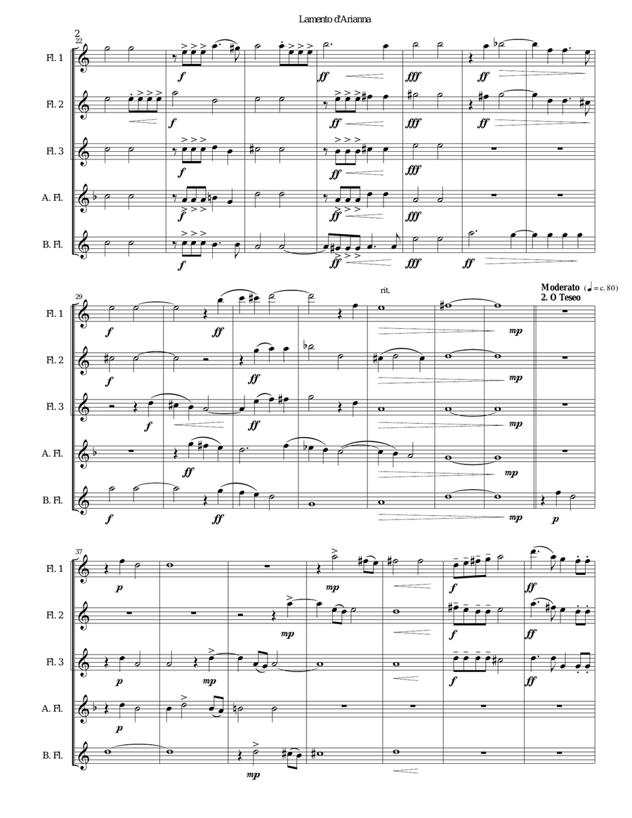 Lamento d'Arianna for flute quintet Flute Solo scores gallery preview page 2