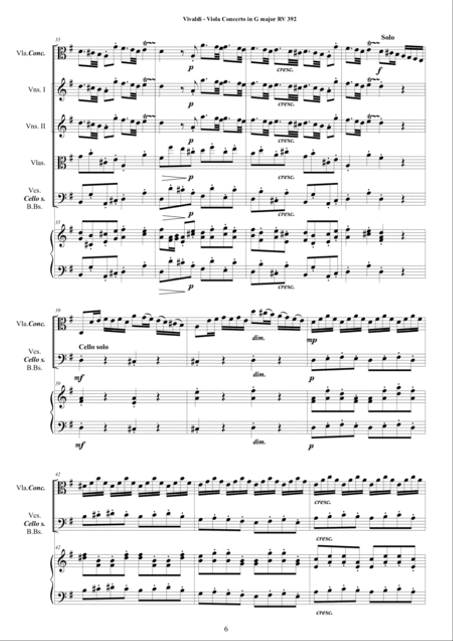 Vivaldi - Viola Concerto in G major RV392 for Viola concertante, Strings and Cembalo Chamber Orchestra scores gallery preview page 6