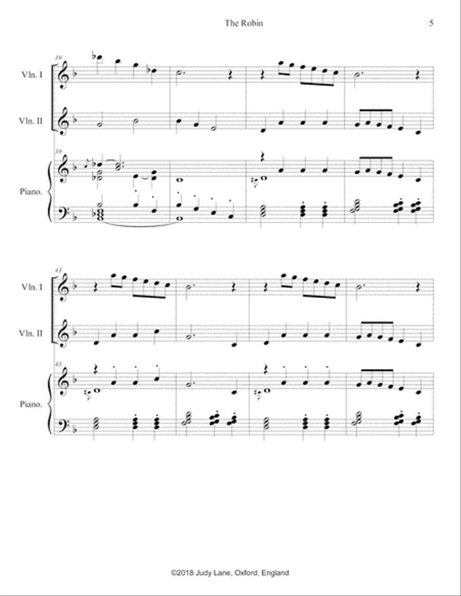 The Robin - [Instrumental version of the song] for piano 2 violins or flutes Woodwind Ensemble scores gallery preview page 6