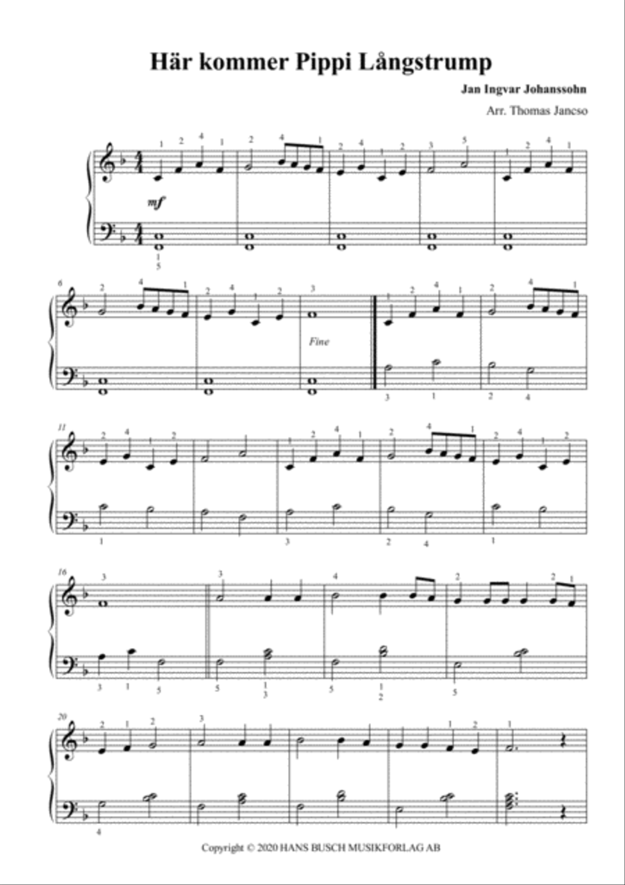Har Kommer Pippi Langstrump Easy Piano scores gallery preview page 1