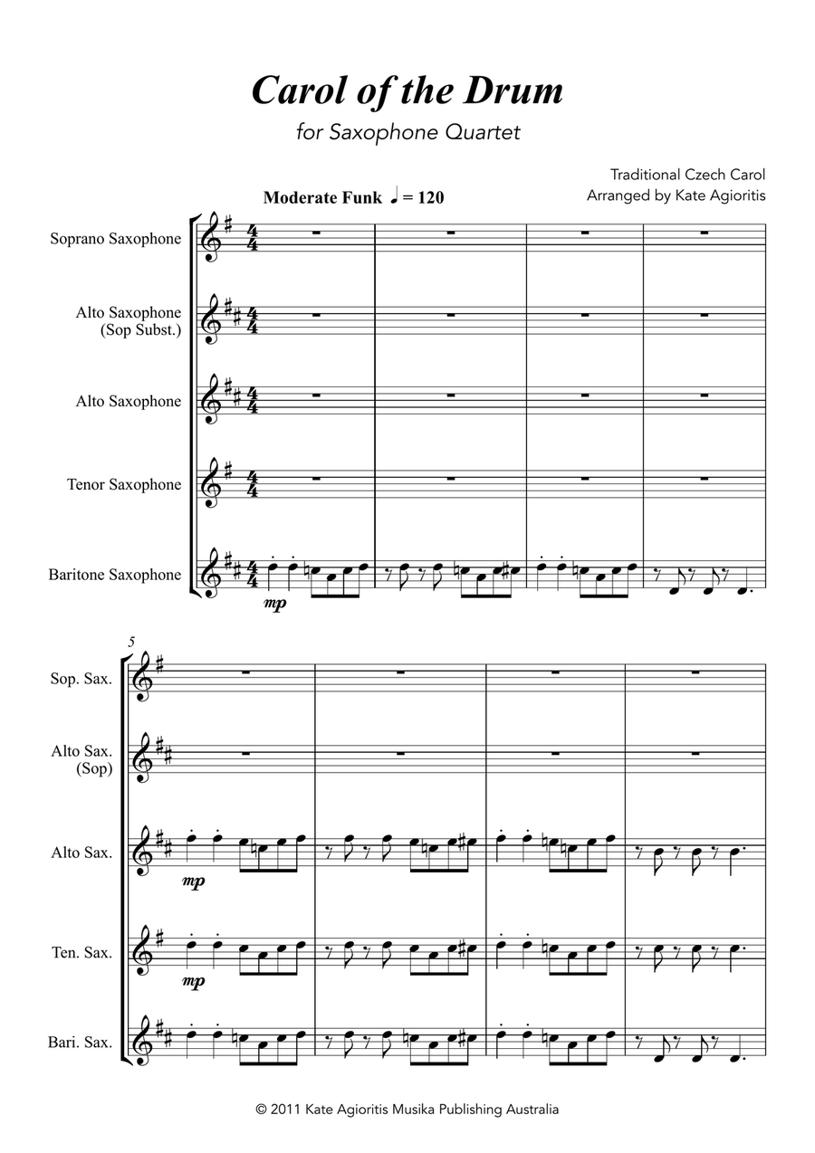 Carol of the Drum - for Saxophone Quartet Saxophone Quartet scores gallery preview page 2