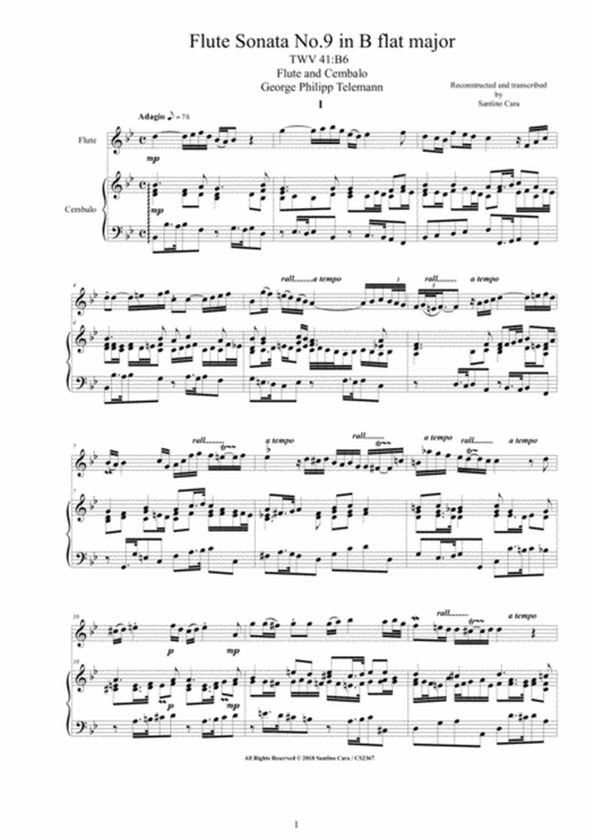Telemann - Flute Sonata No.9 in B flat TWV 41B6 for Flute, and Cembalo or Piano image number null