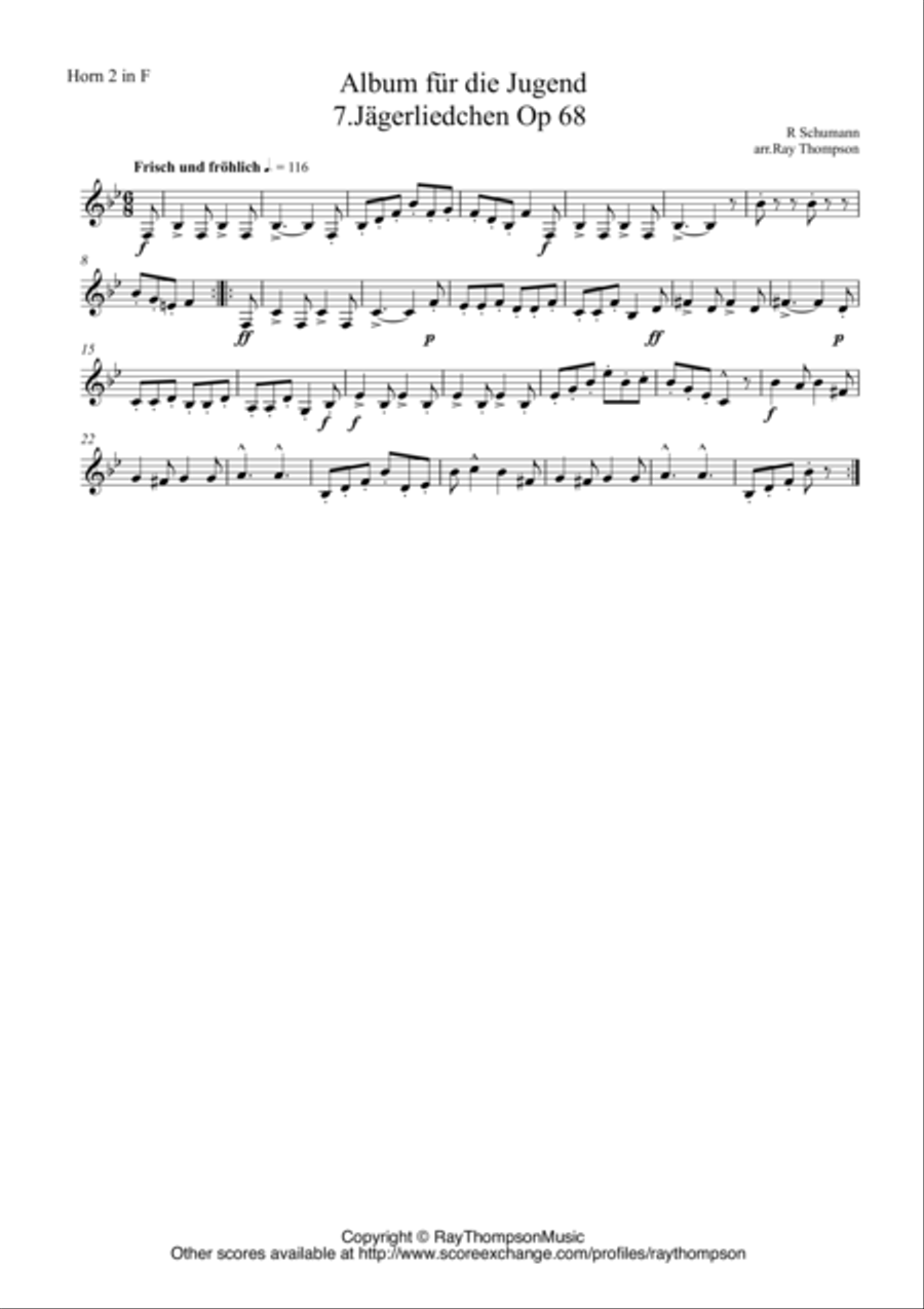 Schumann: Album für die Jugend (Album for the Young) Op 68 No. 7.Jägerliedchen - horn duet Brass Duet scores gallery preview page 1