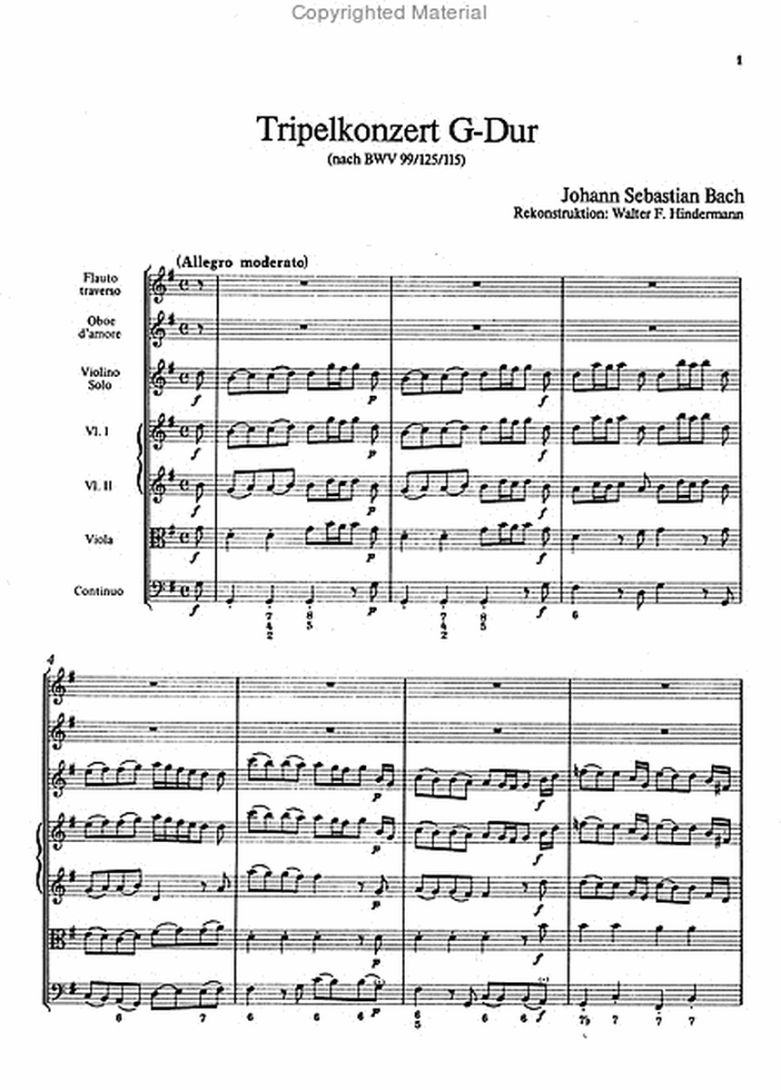 Tripelkonzert G-Dur (nach BWV 99/125 /115) fur Flote, Oboe d'amore, Violine solo, Streicher und B.c. / Partitur