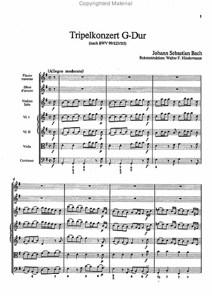 Tripelkonzert G-Dur (nach BWV 99/125 /115) fur Flote, Oboe d'amore, Violine solo, Streicher und B.c. / Partitur