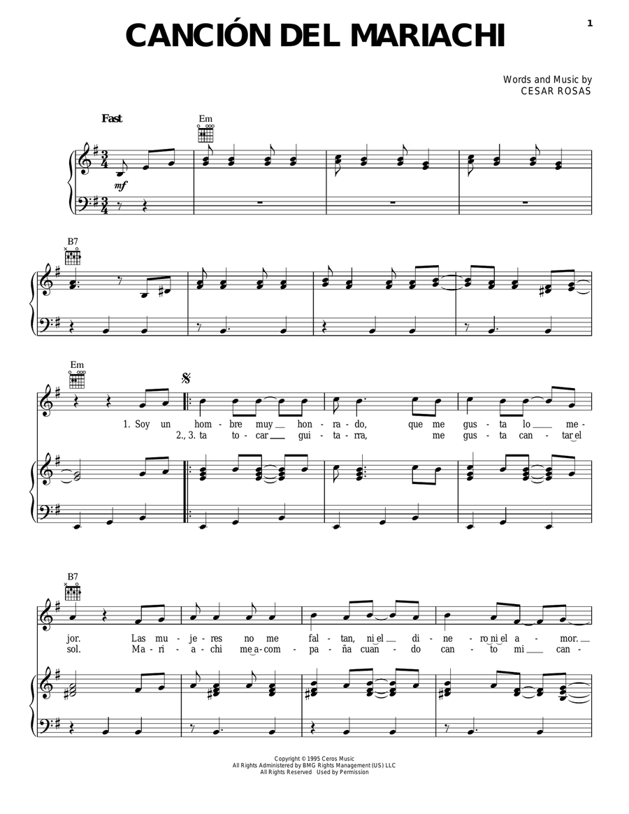 Cancion Del Mariachi Cancion Del Mariachi Piano, Vocal, Guitar scores gallery preview page 1