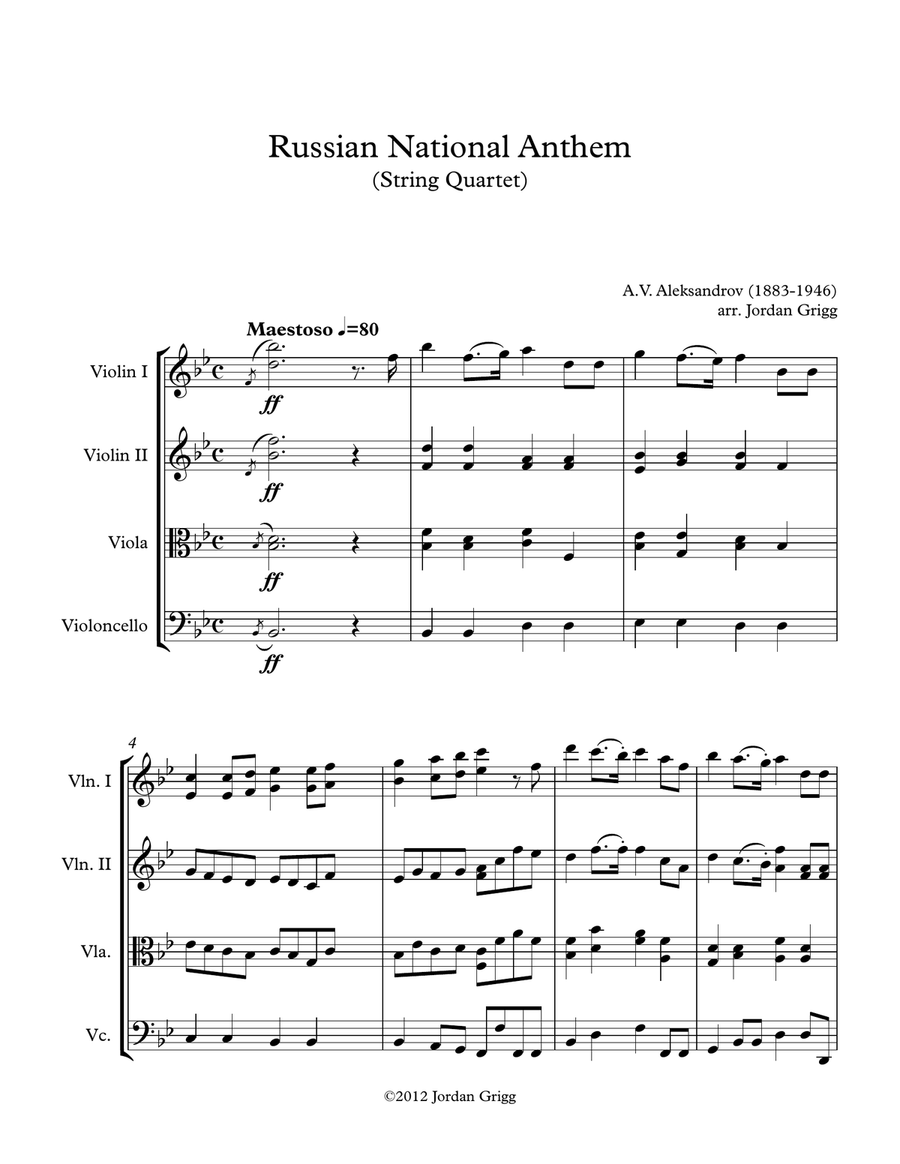 Russian National Anthem (String Quartet) String Quartet scores gallery preview page 1