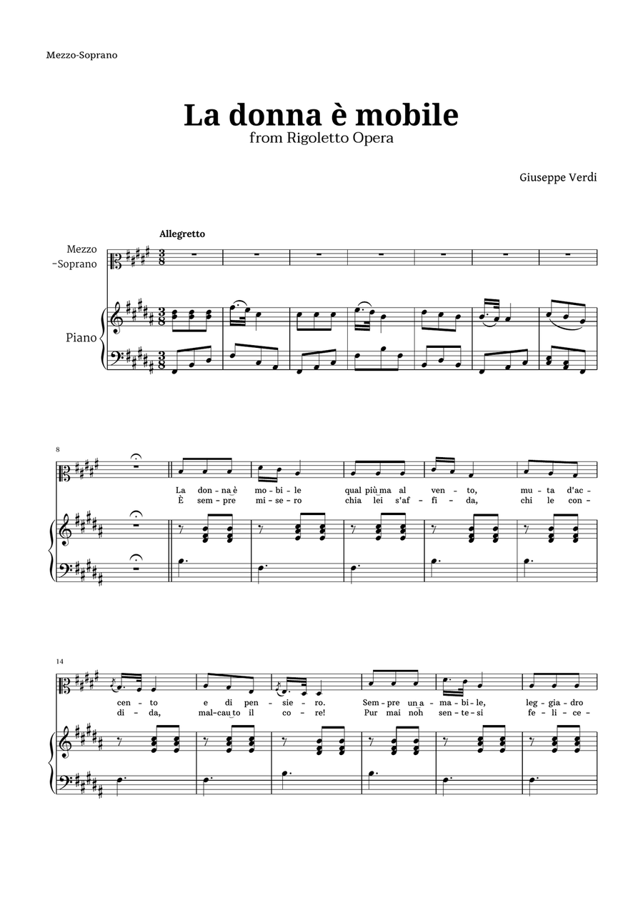 La donna è mobile by Verdi for Mezzo Soprano and Piano Piano, Vocal scores gallery preview page 1