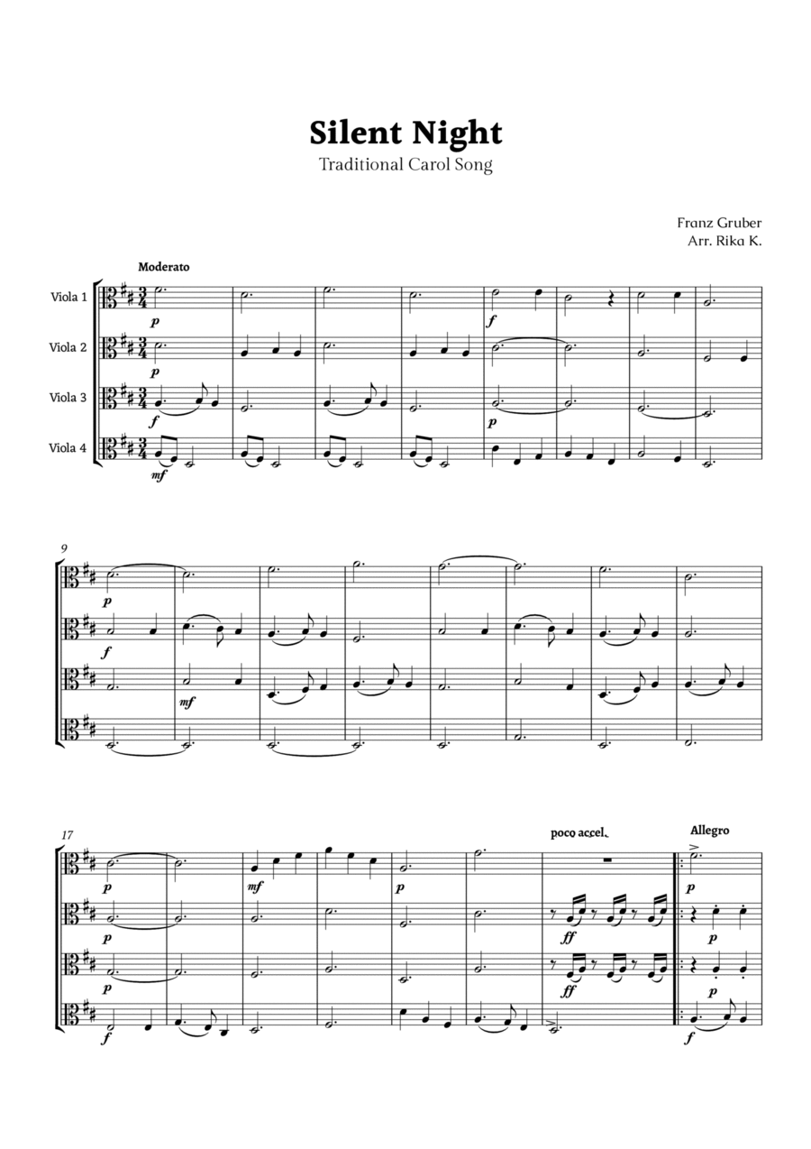 Silent Night for Viola Quartet String Quartet scores gallery preview page 1