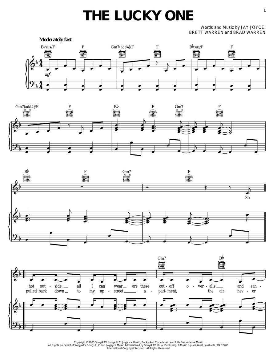 The Lucky One Piano, Vocal, Guitar scores gallery preview page 1