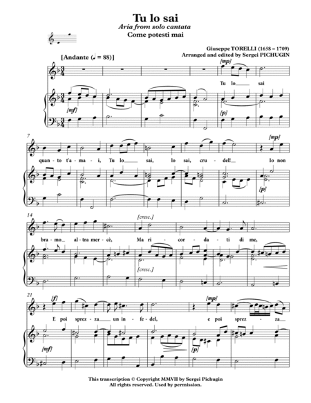 TORELLI Giuseppe: Tu lo sai, aria from solo cantata "Come potesti mai" for Voice and Piano (F major) image number null