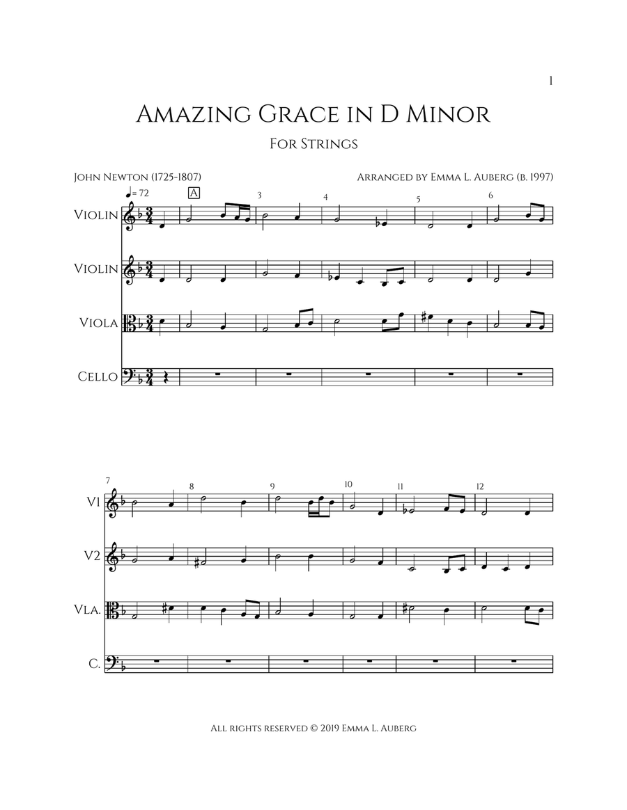 Amazing Grace in D Minor String Quartet scores gallery preview page 1