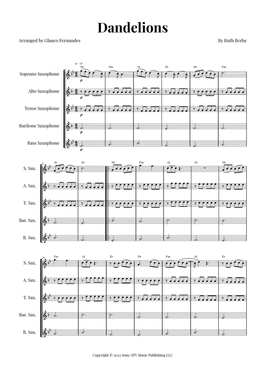 Dandelions Saxophone Quintet scores gallery preview page 1
