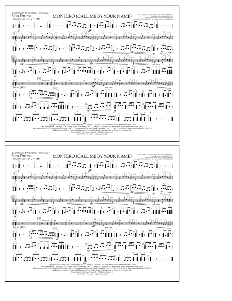 Montero (Call Me By Your Name) (arr. Tom Wallace) - Bass Drums Marching Band scores gallery preview page 1