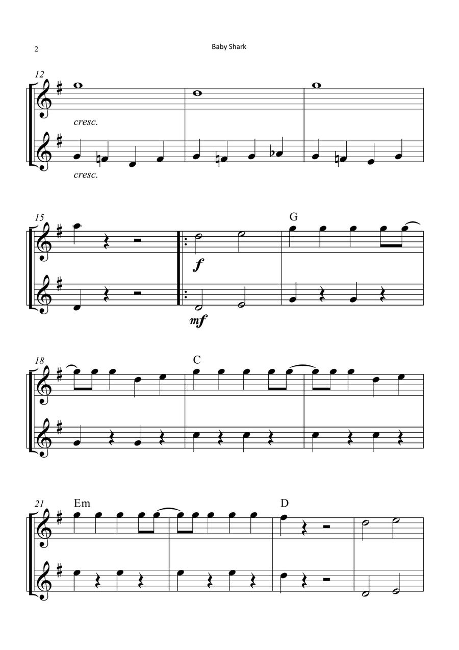 Baby Shark Flute Duet scores gallery preview page 2