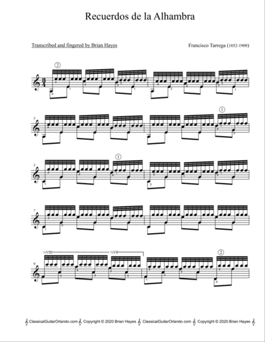 Recuerdos de la Alhambra (Tarrega) (Standard Notation) Classical Guitar scores gallery preview page 2