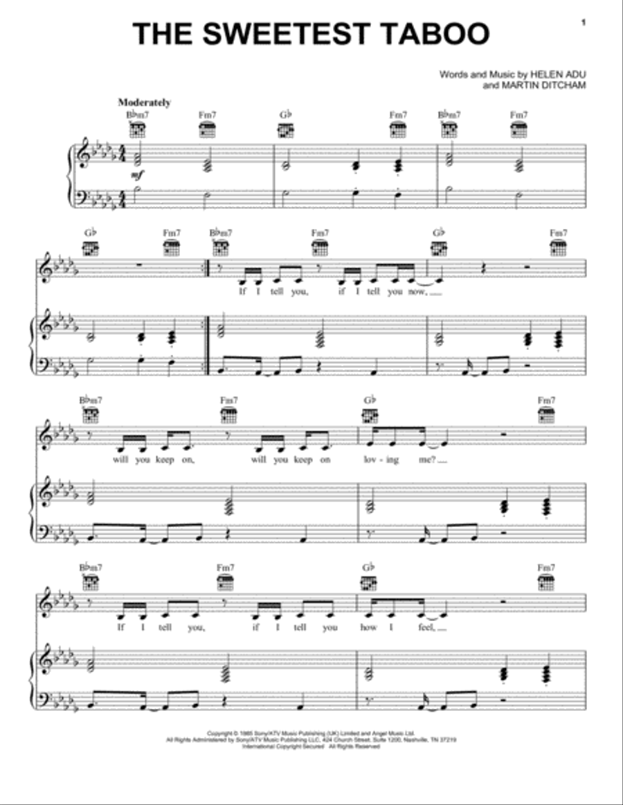 The Sweetest Taboo Piano, Vocal, Guitar scores gallery preview page 1