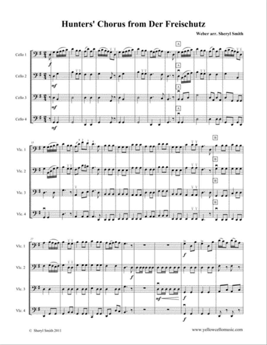 Hunter's Choir. For beginner cello quartet (four cellos), Op.77 from Der Freischutz Choir scores gallery preview page 1