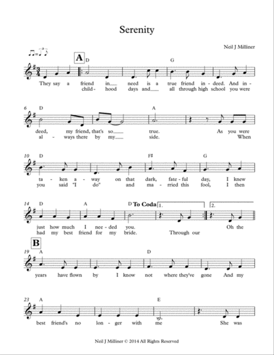 Serenity by Neil J Milliner Piano, Vocal, Guitar scores gallery preview page 1