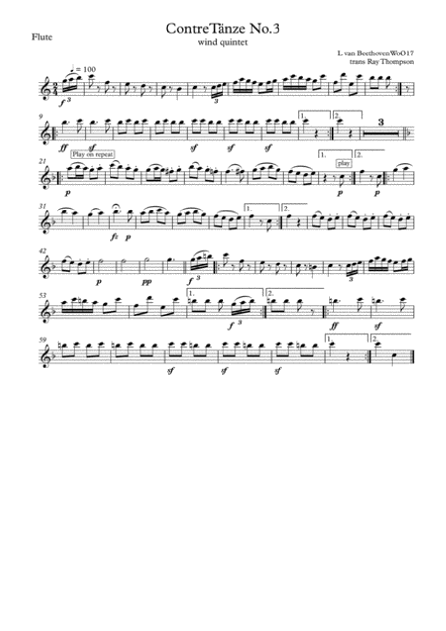 Beethoven (as adapted Seiss): Contre-Tanze (Country Dance) No.3 - wind quintet Woodwind Quintet scores gallery preview page 3