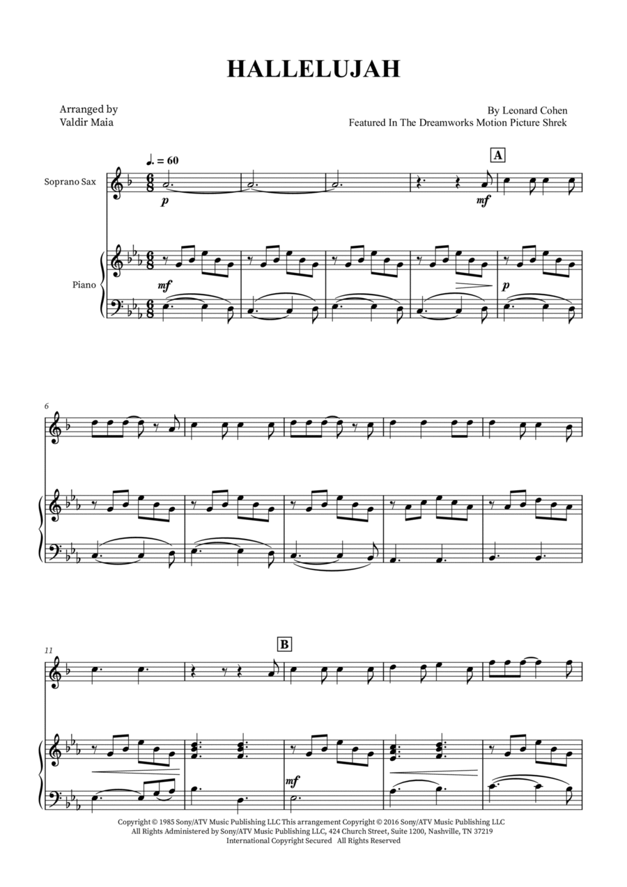 Hallelujah Soprano Saxophone scores gallery preview page 1