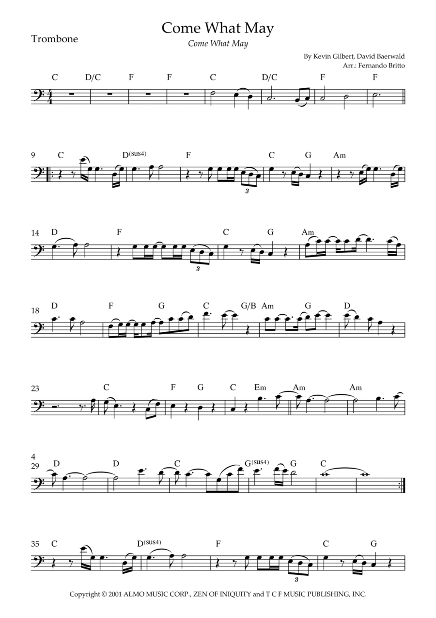 Come What May Trombone Solo scores gallery preview page 1
