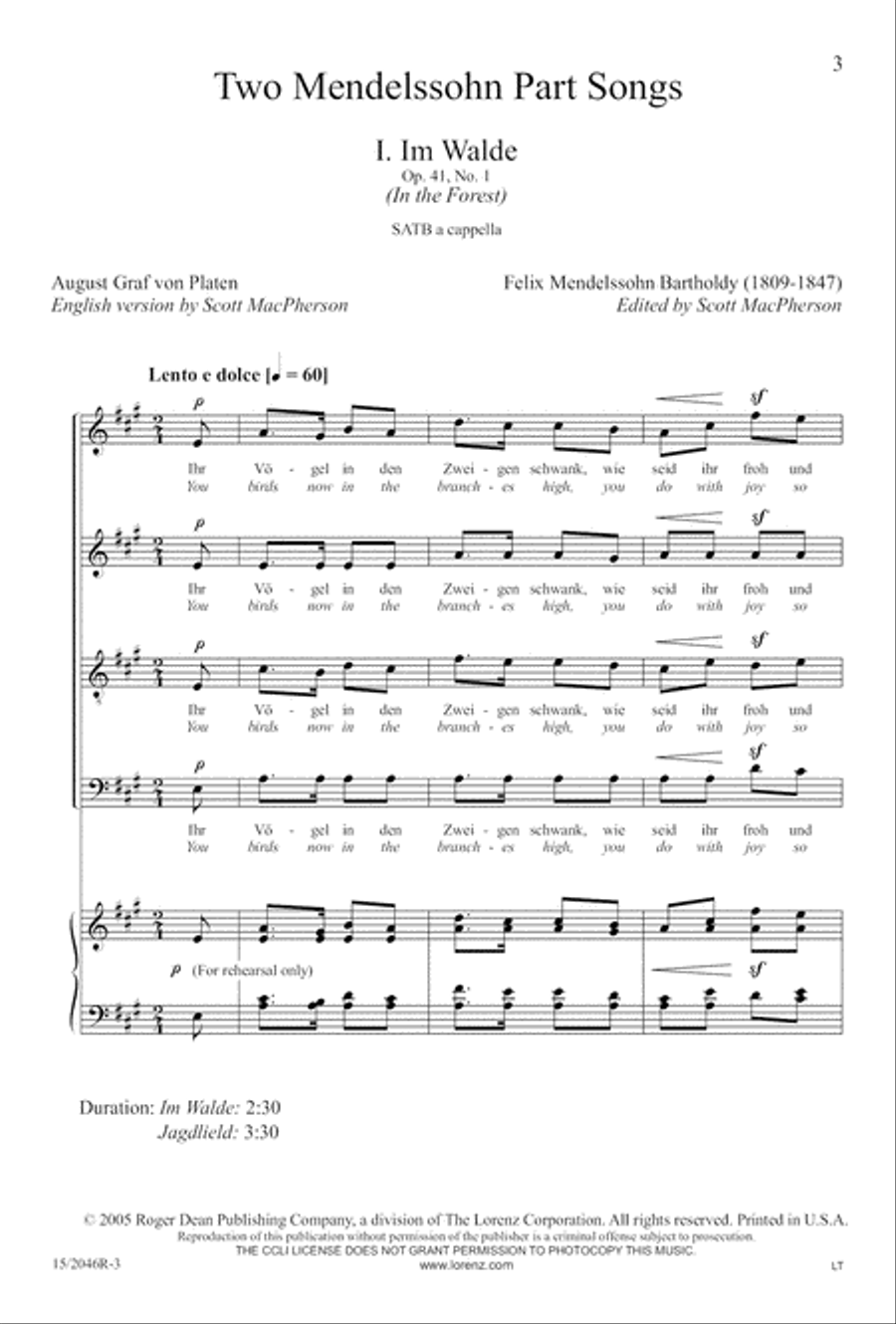 Two Mendelssohn Part Songs: 1. Im Walde 2. Jaglied 4-Part scores gallery preview page 4